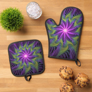 Paarse Groene Bloem Moderne Abstracte Fractale Kun Ovenwant & Pannenlap Set