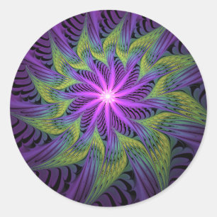 Paarse Groene Bloem Moderne Abstracte Fractale Kun Ronde Sticker
