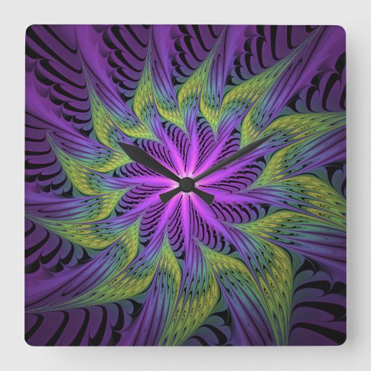Paarse groene bloem Moderne Abstracte fractale kun Vierkante Klok (Voorkant)
