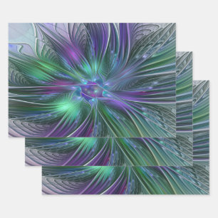 Paarse Groene Bloem Moderne Abstracte Kunst Fracta Inpakpapier Vel