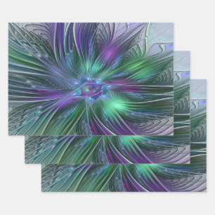 Paarse Groene Bloem Moderne Abstracte Kunst Fracta Inpakpapier Vel