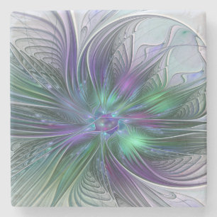 Paarse Groene Bloem Moderne Abstracte Kunst Fracta Stenen Onderzetter