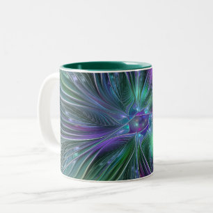 Paarse Groene Bloem Moderne Abstracte Kunst Fracta Tweekleurige Koffiemok