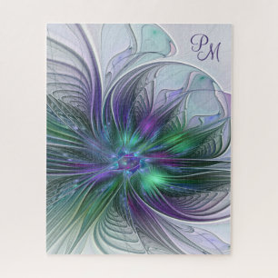 Paarse Groene Bloem Moderne Abstracte Kunst Monogr Legpuzzel