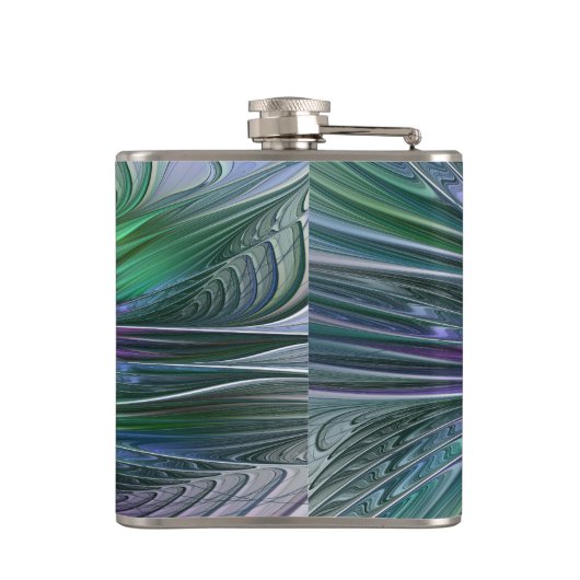 Paarse groene bloem Moderne Abstracte Kunstfractal Heupfles (Achterkant)