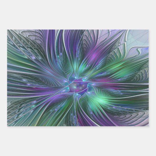 Paarse groene bloem Moderne Abstracte Kunstfractal Inpakpapier Vel (Voorkant)