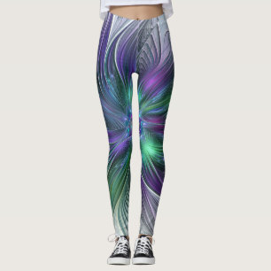 Paarse groene bloem Moderne Abstracte Kunstfractal Leggings