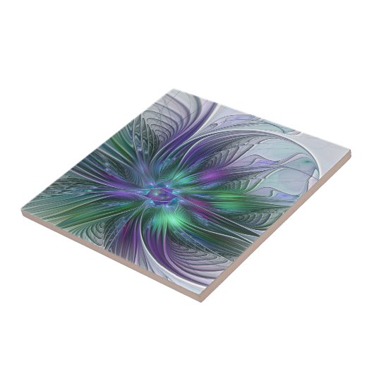 Paarse groene bloem Moderne Abstracte Kunstfractal Tegeltje (Zijkant)