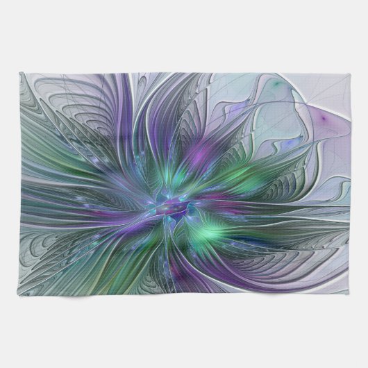 Paarse groene bloem Moderne Abstracte Kunstfractal Theedoek (Horizontaal)