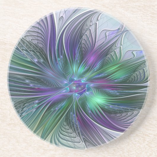 Paarse groene bloem Moderne Abstracte Kunstfractal Zandsteen Onderzetter (Voorkant)