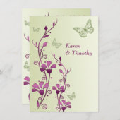 Paarse, groene bloemen, vlinders bruiloft uitnodig kaart (Voorkant / Achterkant)