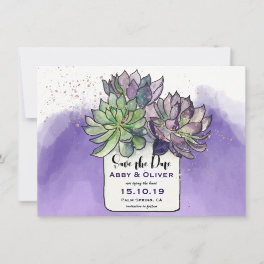 Paarse Groene Cactus Succulent Foto Opslaan De Dat Save The Date (Voorkant)