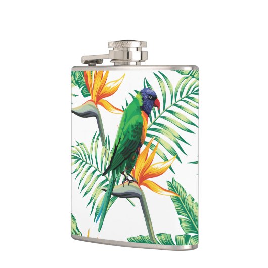 Paarse groene en Oranje papegaai en bloemetjes Heupfles (Links)