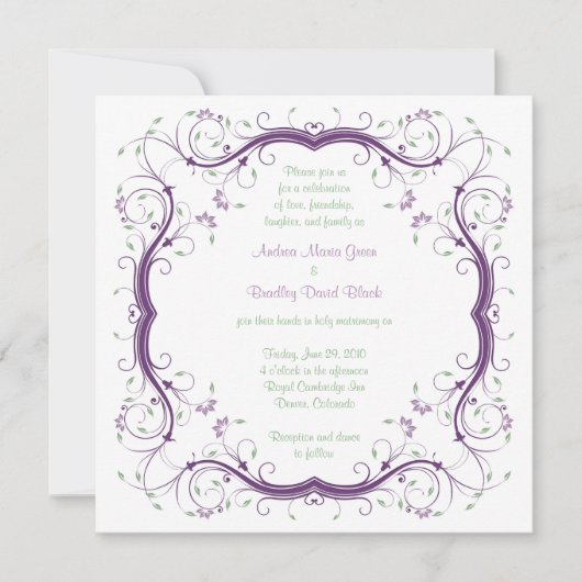 Paarse groene Floral Scroll Wedding Invitation Kaart (Voorkant)