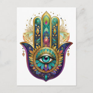 Paarse Groene Gouden Bloemblaadjes Hamsa Turquoise Briefkaart