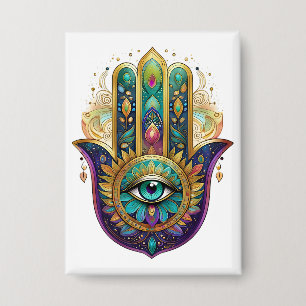 Paarse Groene Gouden Bloemblaadjes Hamsa Turquoise Button