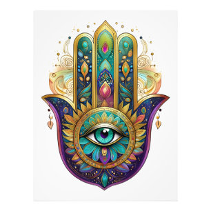 Paarse Groene Gouden Bloemblaadjes Hamsa Turquoise Foto Afdruk