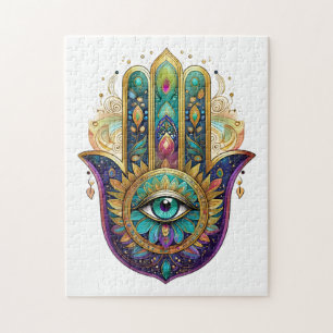 Paarse Groene Gouden Bloemblaadjes Hamsa Turquoise Legpuzzel