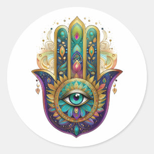 Paarse Groene Gouden Bloemblaadjes Hamsa Turquoise Ronde Sticker