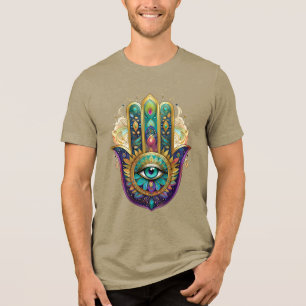 Paarse Groene Gouden Bloemblaadjes Hamsa Turquoise Tri-Blend Shirt