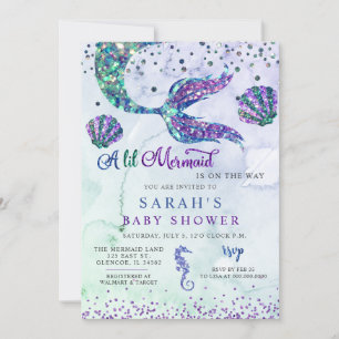 Paarse Groene Moderne Glitter Zeemeermin Baby show Kaart