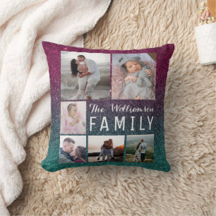 Paarse Groene Ombre Glitter Familie Fotocollage Kussen