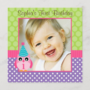 Paarse Groene Owl Polka Dot 1st Birthday Girl Foto Kaart