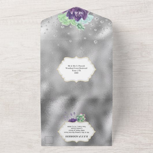 Paarse groene pauw waterverf succulair plant all in one uitnodiging (Buitenkant)