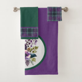 Paarse Groene Plaid Bloemen Design Bad Handdoek