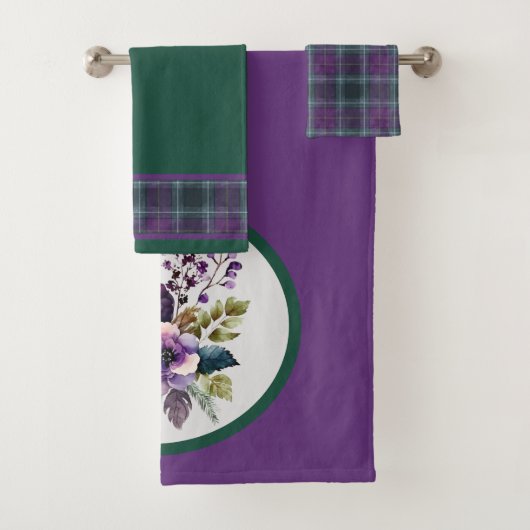 Paarse Groene Plaid Bloemen Design Bad Handdoek (Insitu)