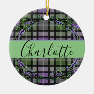 Paarse groene plaid lavendel eucalyptus keramisch ornament