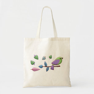 Paarse groene roze vogel met borduurbladeren tote bag
