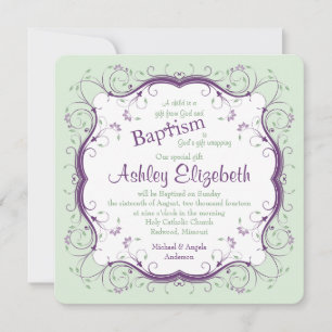 Paarse groene scrollen Floral Baptism Kaart