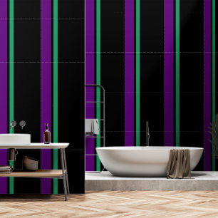 Paarse + groene streep zwart behang