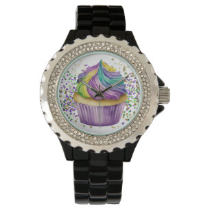 PAARSE GROENE WATERVERF MARDI GRAS CUPCAKE HORLOGE