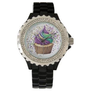 PAARSE GROENE WATERVERF MARDI GRAS CUPCAKE HORLOGE