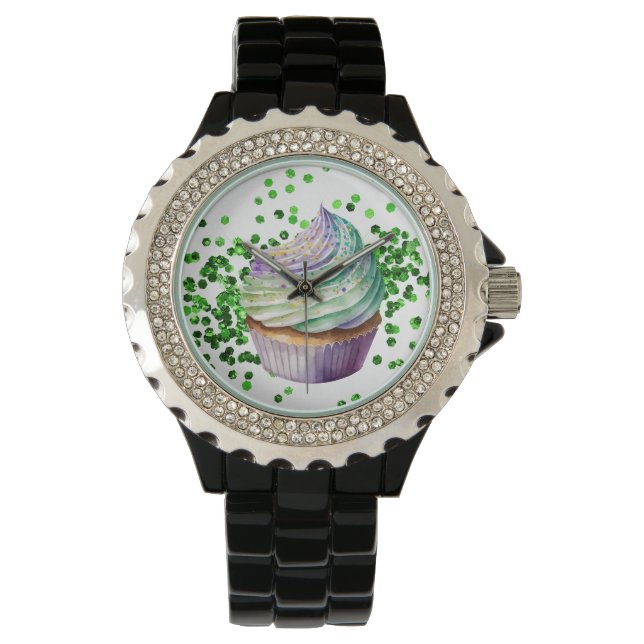 PAARSE GROENE WATERVERF MARDI GRAS CUPCAKE HORLOGE (Voorkant)