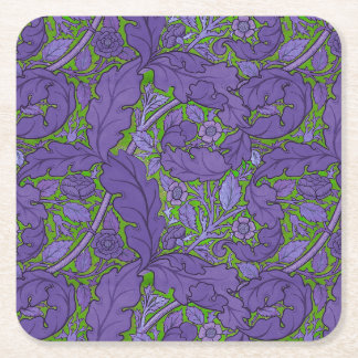 Paarse groene William Morris bloemmotief Acanthus Vierkante Kartonnen Onderzetter