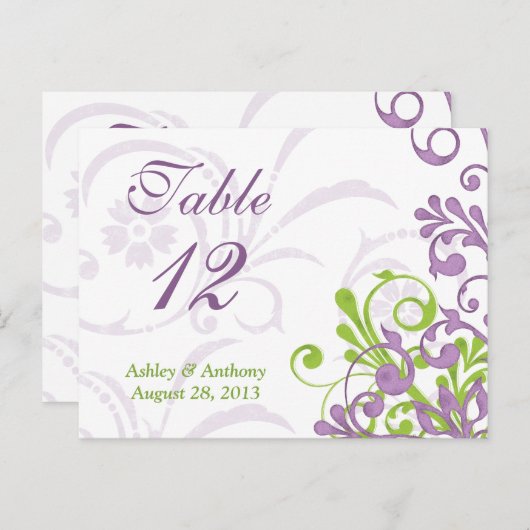 Paarse Groene Witte Bloemen Bruiloft Tafel Kaarten (Voorkant / Achterkant)