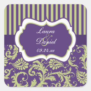 Paarse, Groene, Witte Damask Bruiloft Sticker