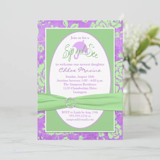 Paarse groene witte Floral Sip en zie Uitnodiging (Staand voorkant)