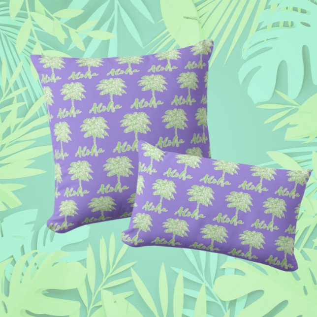 Paarse Groene Witte Palm Aloha Tropical Kussen (Creator heeft geüpload)