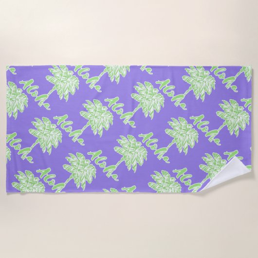 Paarse Groene Witte Palm Aloha Tropical Strandlaken (Voorkant)