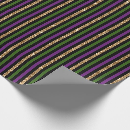Paarse, groene, zwarte, faux gouden strepen Mardi Cadeaupapier (Hoek)
