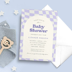 Paarse Groovy 70er Schaakbord Baby Shower Kaart