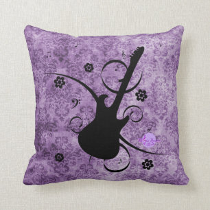 Paarse Grunge Damask Black Guitar & Flowers Pillow Kussen