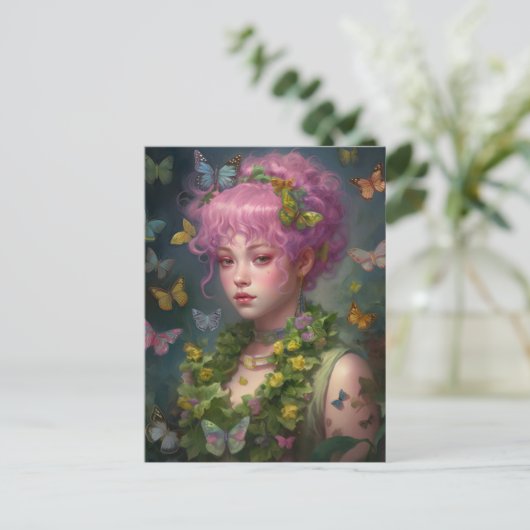 Paarse Haarbloemen en Vlinder Vrouw Briefkaart (Staand voorkant)