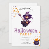 Paarse haired heks en zwarte kat Halloween Party Kaart (Voorkant / Achterkant)