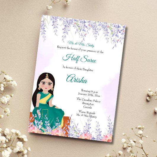 Paarse Half Saree uitnodigingskaart sjabloon Kaart