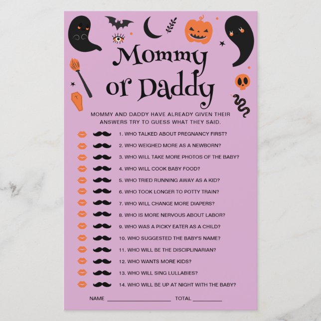 Paarse Halloween Baby shower Raad wie spel (Voorkant)